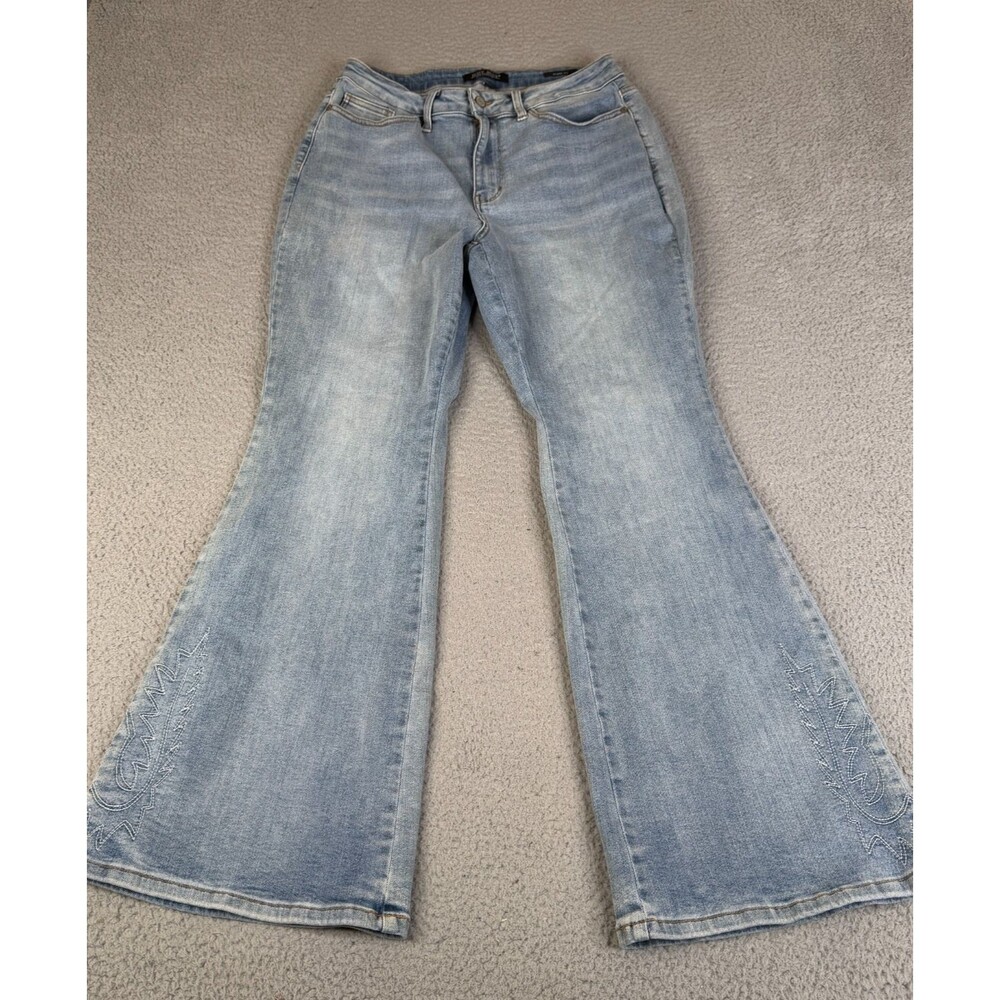JUDY BLUE Jeans Women 14W Flare High Rise Stretch Denim Embroidered Bell 31x31.5